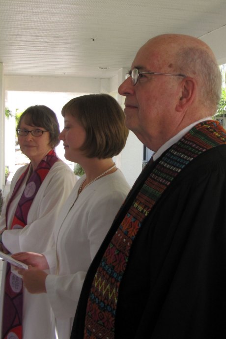 Waiting to process, to begin singing "Rank by Rank" flanked y the Revs. Phyllis Hubbell & John Manwell, who preached the sermon